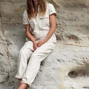 OUTER<NOWN Outerknown Sea Jumpsuit Organic Cotton Linen in Natural Tan Size XL